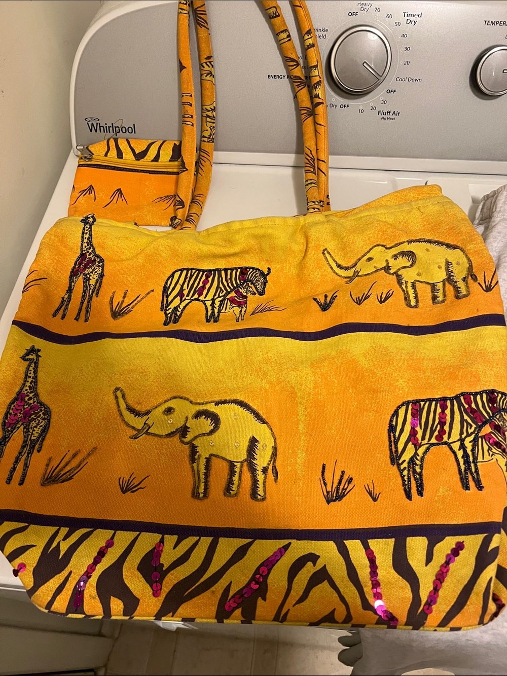 Yellow Safari Print Tote Bag with Elephant & Giraffe Motif